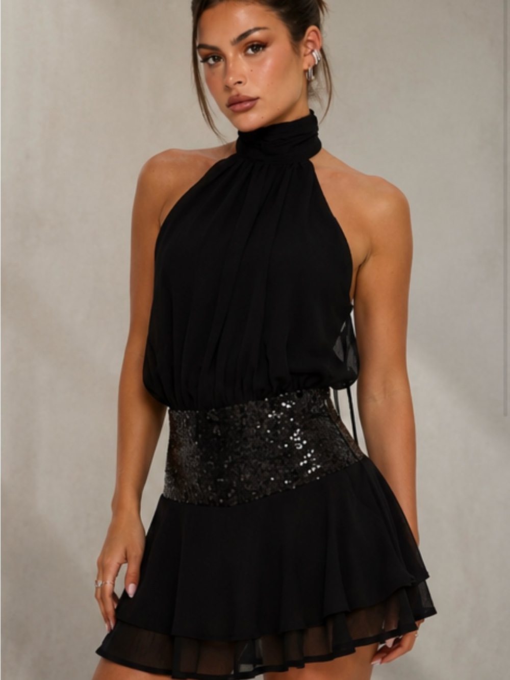 Princess Polly Black Halter Mini Dress with Sequined Waist
